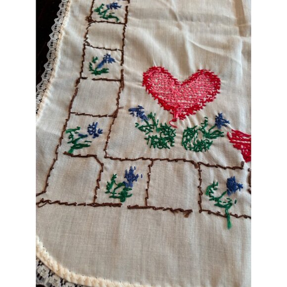 Vintage Cross stitched Embroidered Table Runner Hearts 14x39 - Picture 3 of 7